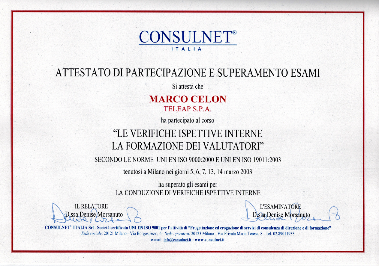 Consulnet Italia Internal Quality Verification Training Certificate