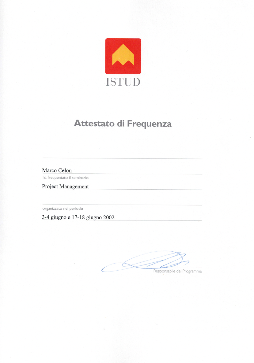 ISTUD Project Management Seminar Certificate